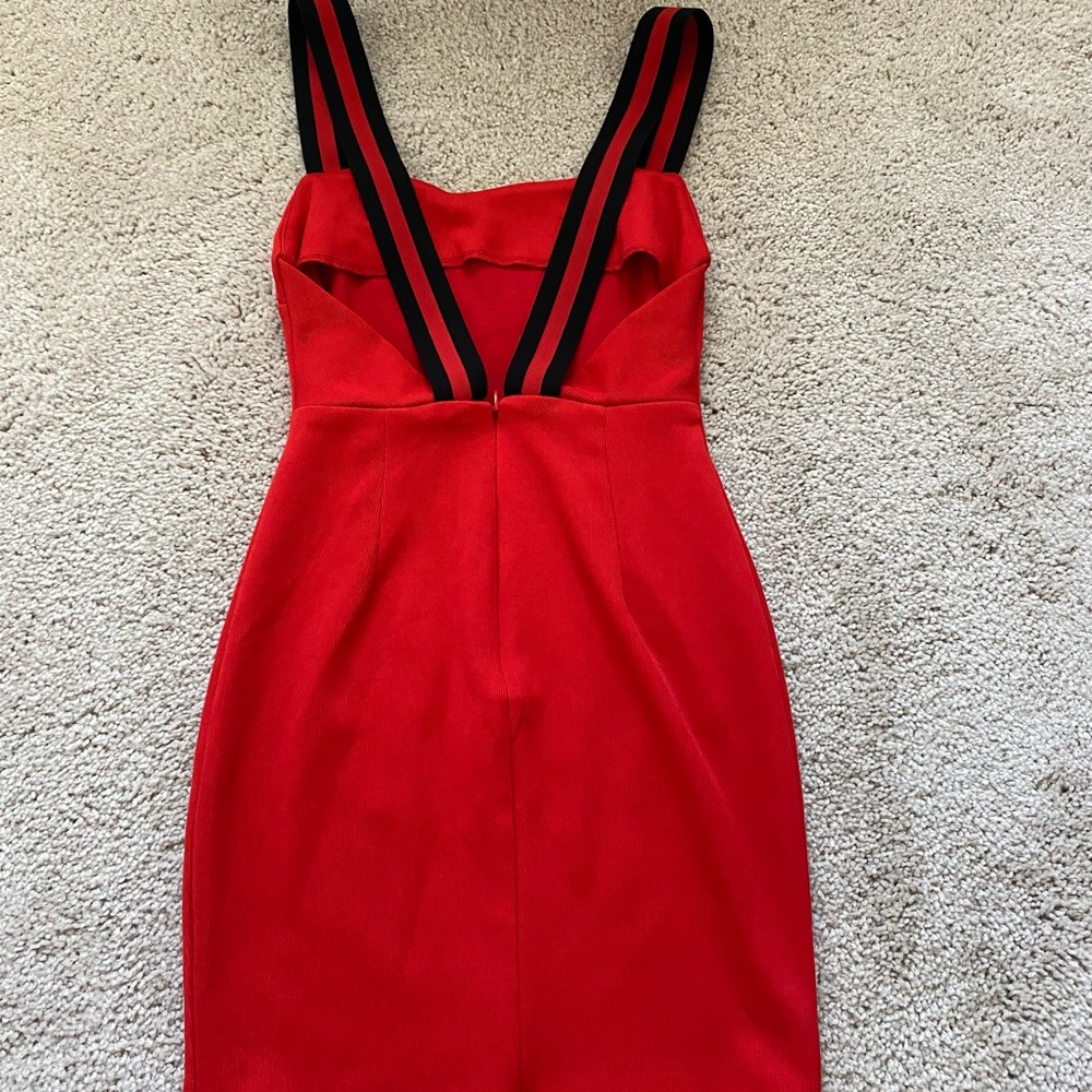 Beginning Boutique Red Striped Strap V-Back Mini Dress: US 4